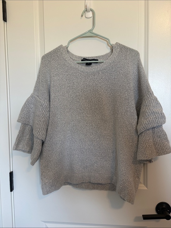 French Connection Sweaters - French Connection Light Gray Ruffle Sleeve Crewneck Sweater